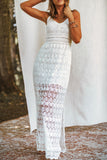 White Spaghetti Straps Lace Lined Maxi Dress with Slits