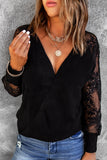 Sexy V Neck Surplice Hollow-out Sweater with Lace Sleeves