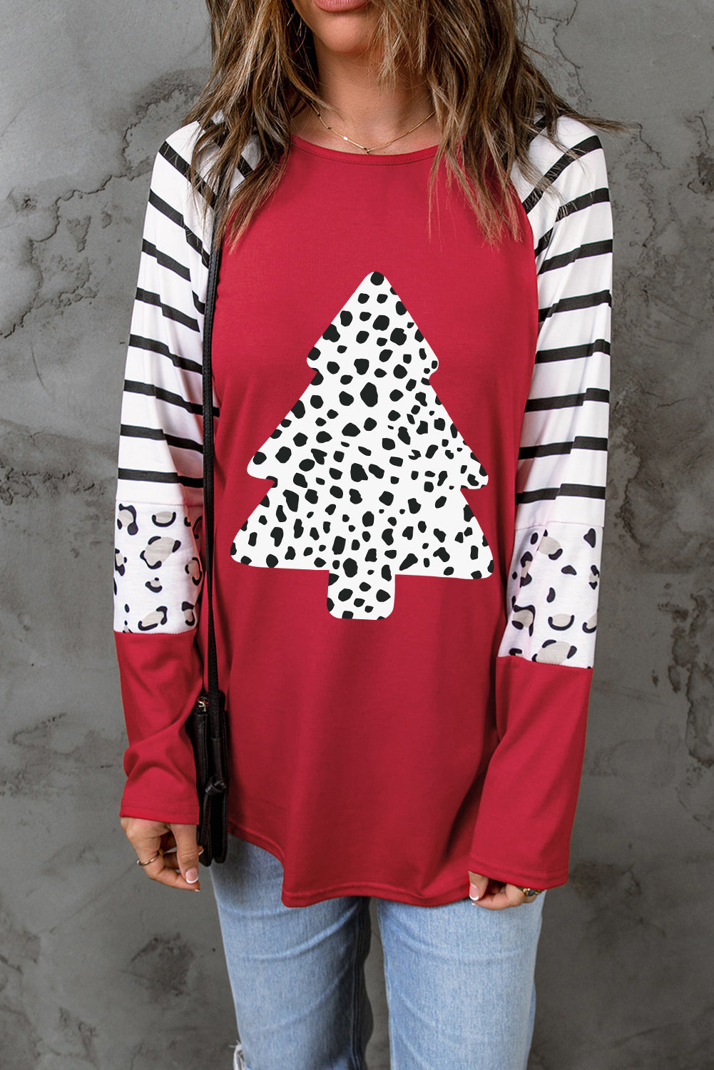 Leopard Christmas Tree Striped Color Block Long Sleeve Top
