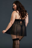 Plus Size Black Mesh & Venice Embroidery Lace Babydoll