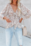 Floral Print Front Tie Ruffled Long Sleeve Blouse