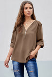 Casual V Neck Zip up Half Sleeve Blouse