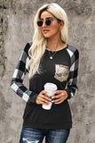 Plaid Splicing Sequined Pocket Long Sleeve Top