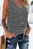 Stripe Print V Neck Buttoned Tie Knot Tank