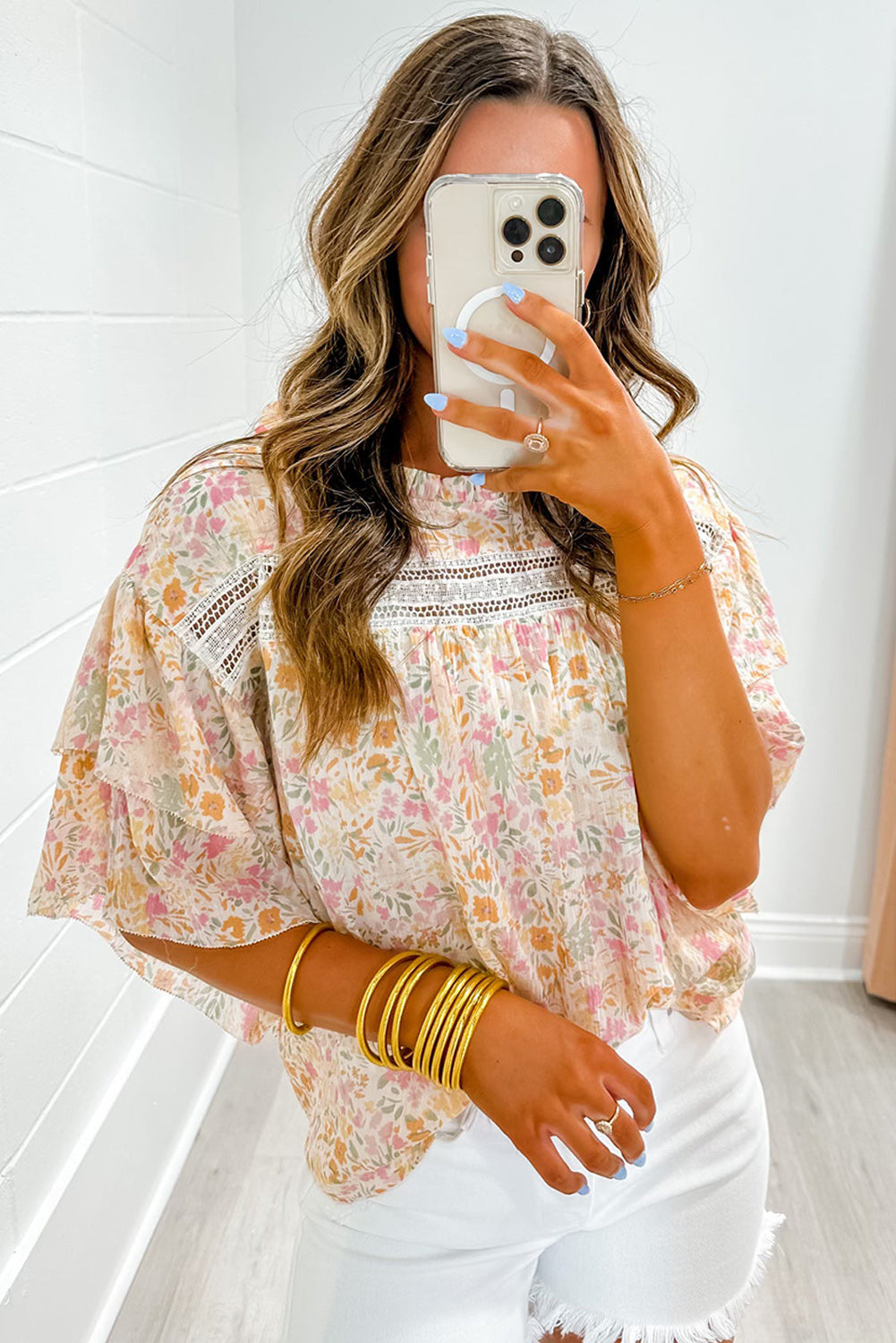 color Floral Print Wide Ruffle Sleeves Blouse