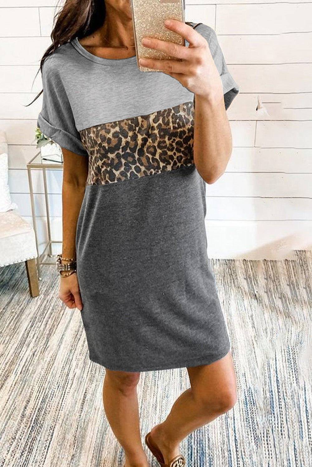 Colorblock Leopard Insert T-shirt Mini Dress