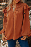 Ruffled Pleated Buttoned V Neck Blouse