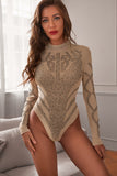 Gold Rhinestone Faux Bustier Mesh Long Sleeves Bodysuit