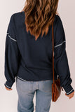 Blue Contrast Stitching Trim Waffle Knit Pullover