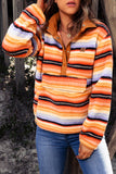 Multicolor Striped Kangaroo Pocket Buttoned Sherpa Sweatshirt