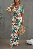 Turquoise Roses Print Off-the-shoulder Maxi Dress