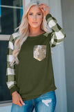 Plaid Splicing Sequined Pocket Long Sleeve Top