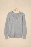 Beige Lace Scalloped V-Neck Side Split Loose Sweater