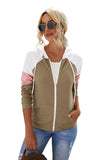 Khaki Color Block Zip Up Kangaroo Pocket Drawstring Hoodie