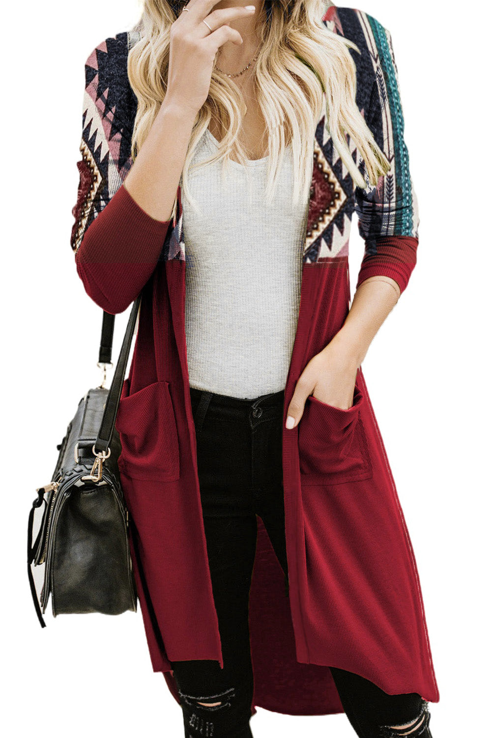 Tribal Printed Open Front Long Cardigan