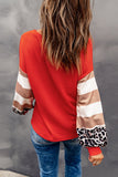 V Neck Leopard Stripe Splice Lantern Sleeve Top