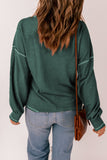Green Contrast Stitching Trim Waffle Knit Pullover
