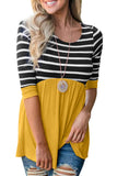 Striped Ruffled Three Quarter Sleeve O-Neck Blouse