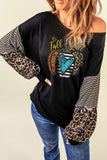 Fall Pumpkin Graphic Leopard Striped Sleeve Top