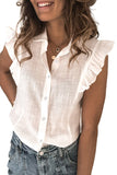 Sleeveless Button Closure Ruffled Linen Shirt