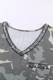 Sequined V Neckline Camo Plus Size T-shirt