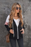 Khaki Color Block Zip Up Kangaroo Pocket Drawstring Hoodie