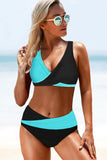 Contrast Color Block Print Wrap V Neck Lace-up Back Bikini