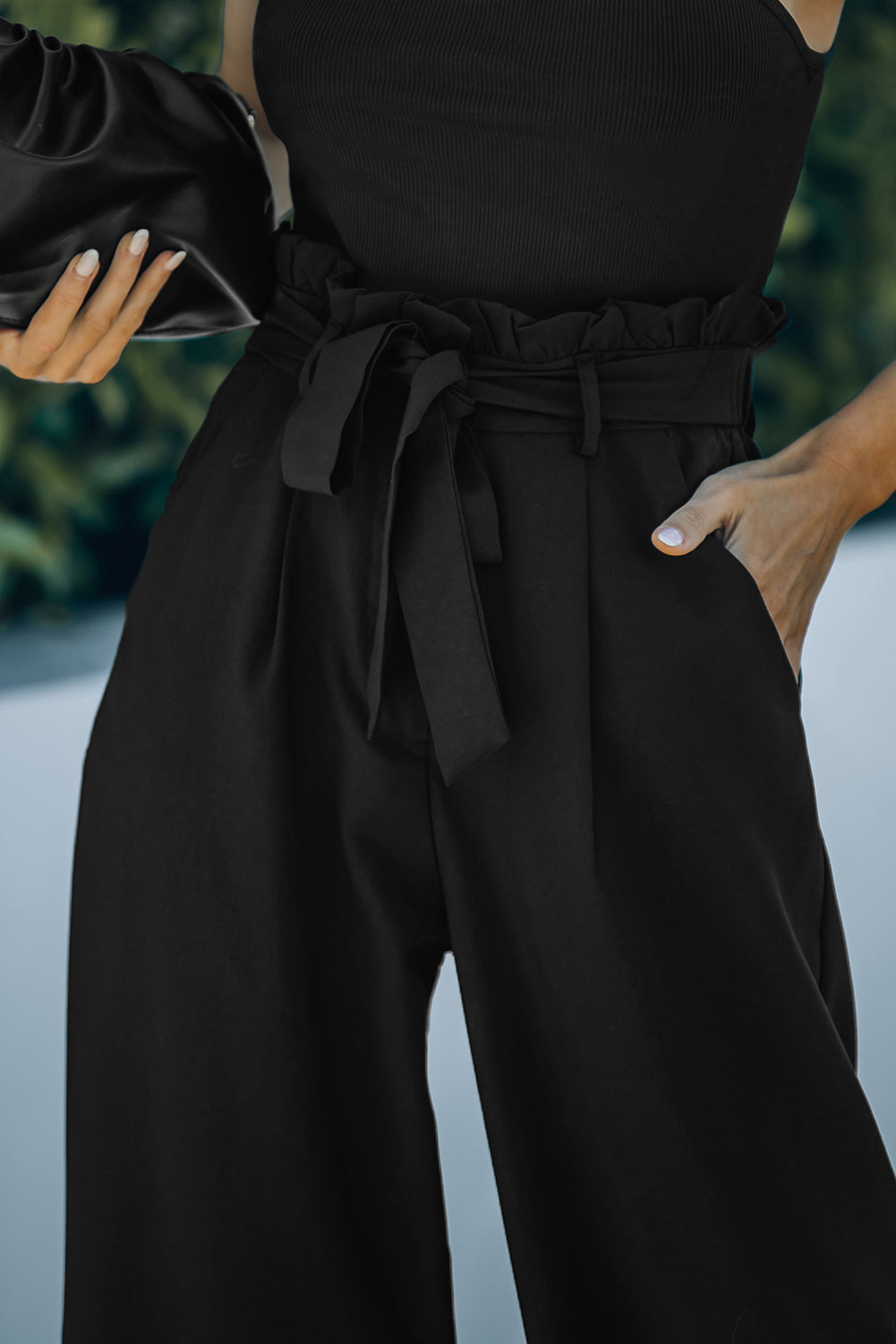 Frilled high waist belted wide leg pants online