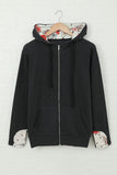 Full Zip Hoodie Coat with Floral Print Hooded Inner