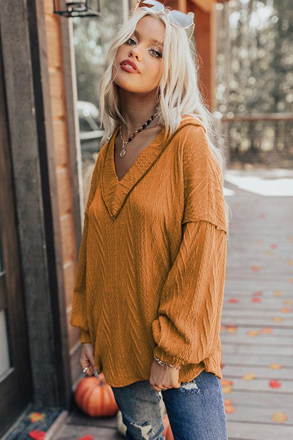 Textured V Neck Long Sleeve Knit Top