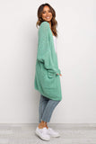 Beige Long Line Open Front Knitted Cardigan with Pockets