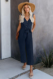 V Neck Button Belted Jumpsuit with Pockets