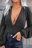 Deep V Neck Bubble Sleeves Ribbed Bodysuit