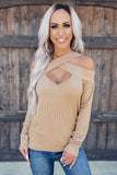 Cut Out Criss Cross Cold Shoulder Ribbed Top