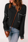 Black Contrast Stitching Trim Waffle Knit Pullover