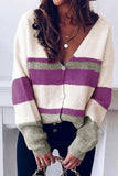 V Neck Button Closure Colorblock Knit Sweater