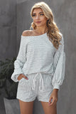 Balloon Sleeve Striped Cotton Blend Top & Drawstring Shorts Set