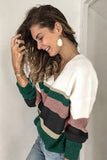 Khaki Colorblock V Neck Ribbed Knitted Sweater