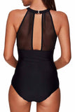 High Neck Plunge Mesh Ruched Tankini Swimwear