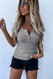 Scoop Neck Buttoned Front Ribbed Knit Short Sleeve Top