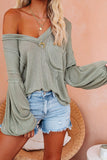 V-neck Lantern Sleeve Knit Long Sleeve Top