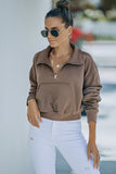 Zipped Turn Down Collar Cropped Sweatshirt with Pocket