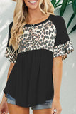 Wine Leopard Stitching Pleated Casual Top