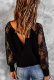 Sexy V Neck Surplice Hollow-out Sweater with Lace Sleeves