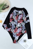Leaves Print Zip-up Long Sleeve Surf Rash Guard Swimwear