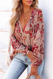 Split V Neck Printed Blouse