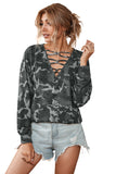 Hollow-out V Neck Camouflage Blouse