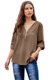 Casual V Neck Zip up Half Sleeve Blouse