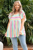 color Striped Ruffle Sleeve Plus Size Babydoll Top