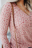 Navy Button V Neck Long Sleeve Floral Top
